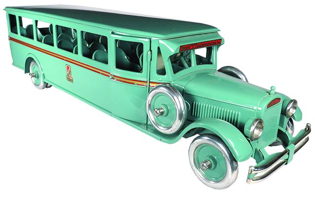 Buddy L Pressed Steel Toy Coach Bus: Buddy L Pressed Steel, Toy Coach Bus. Ca. 1927-32, teal with red pin stripping. Restored near mint condition. 28 1/2 inches long.