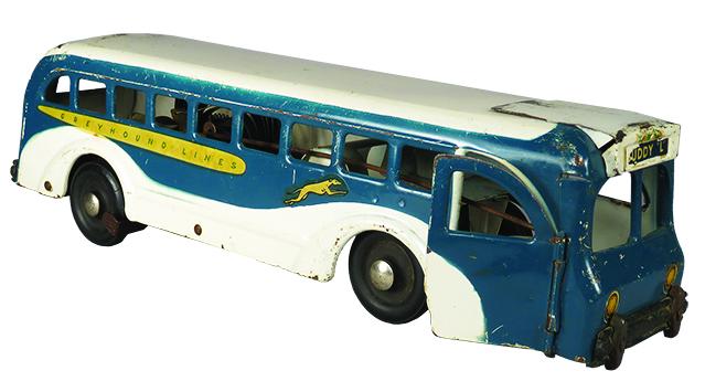 Working, Buddy L Pressed Steel Toy Greyhound Bus: Buddy L Pressed Steel, Toy Greyhound Bus, friction toy. Ca. 1940, blue and white. Works Perfectly. Scratches and playwear. 16 1/2 inches long.