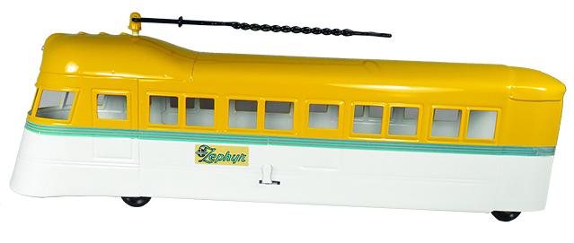 Buddy L Pressed Steel Toy Zephyr Bullet Train: Buddy L Pressed Steel, Toy Zephyr Bullet Train (ride on), ca. 1935-37. Model 221, yellow and white. Restored near mint condition. Double unit 48 inches long overall.