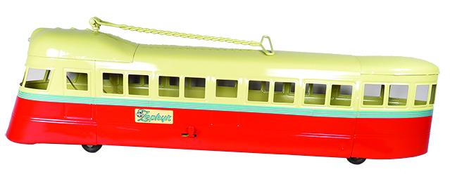 Buddy L Pressed Steel Toy Zephyr Bullet Train: Buddy L Pressed Steel, Toy Zephyr Bullet Train (ride on), ca. 1935-37. Tan, red and blue. Restored near mint condition. Single unit 30 inches long.