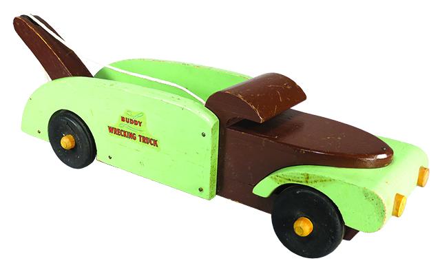 Buddy L Wood Toy Wrecking Truck: Buddy L, Wood Toy Wrecking Truck, ca. 1943-46. Model 358, 1 of 7 varieties. Original condition, green and brown. 17 1/2 inches long.