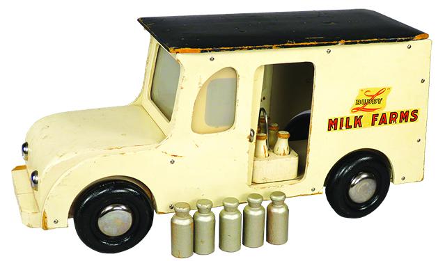 Buddy L Wood Toy Milk Farms Delivery Van: Buddy L, Wood Toy Milk Farms Delivery Van, ca. 1946. Model 372, white. Original condition comes with bottles and cans. 13 1/2 inches long.