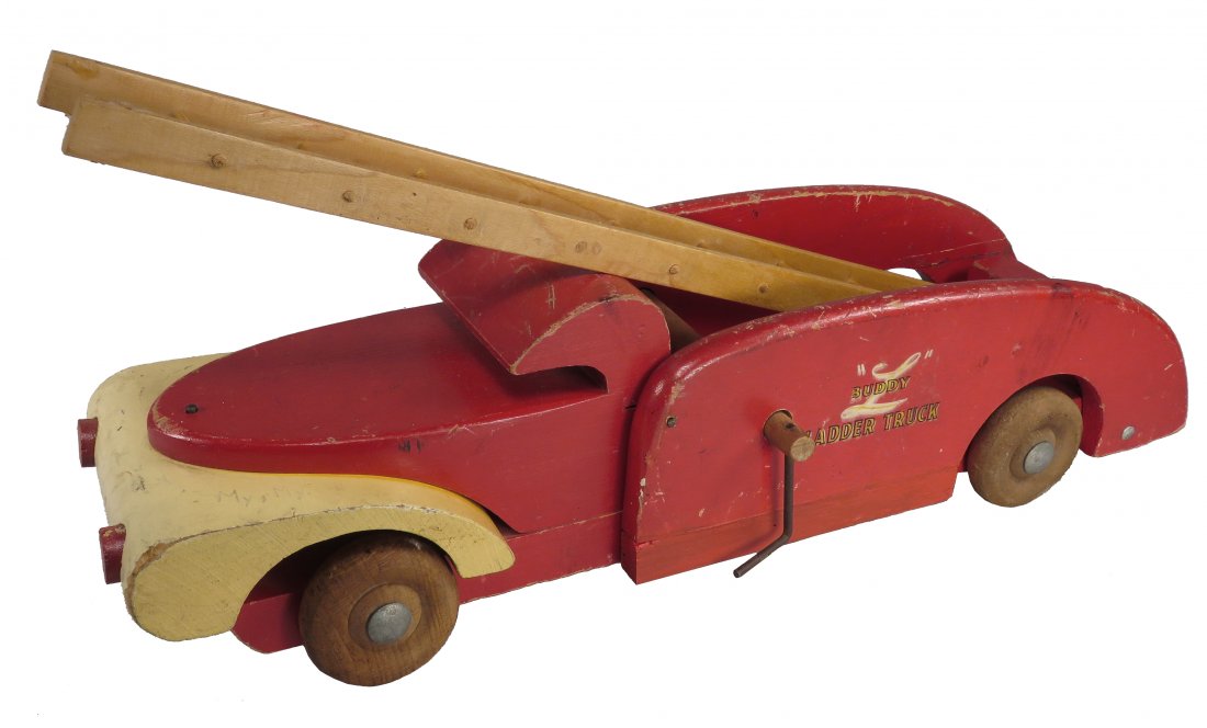 Buddy L Wood Toy Ladder Truck: Buddy L, Wood Toy Ladder Truck, ca. 1947-49. Model 475, red and yellow. Original condition. 16 inches long.