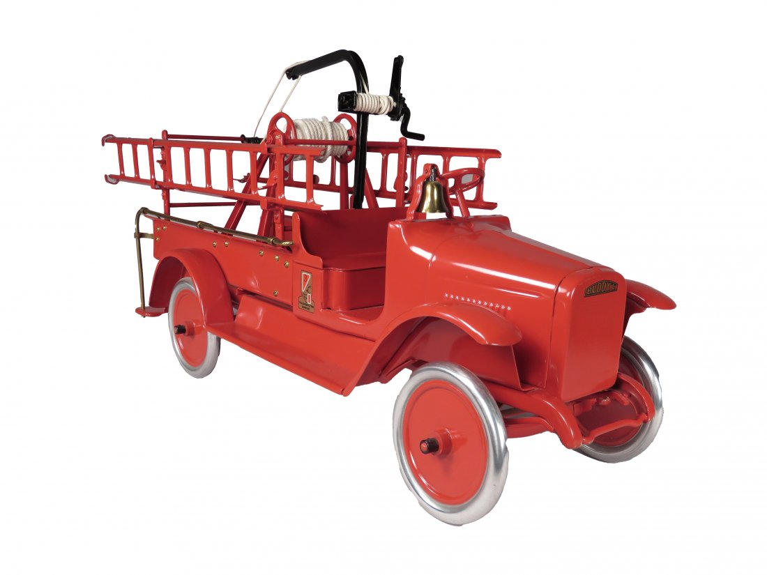 Buddy L Pressed Steel Toy Fire Truck Wrecking Crane: Buddy L Pressed Steel, Toy Fire Truck Wrecking Crane, ca. 1923-30. Restored condition. 27 inches long.