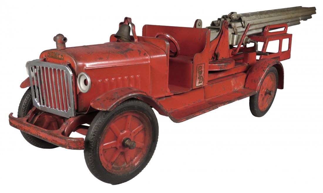 Buddy L Toy Hydraulic Aerial Ladder Fire Truck: Buddy L Pressed Steel, Toy Hydraulic Aerial Ladder Fire Truck, ca. 1933-34. Original condition. Normal playwear. 30 inches long.