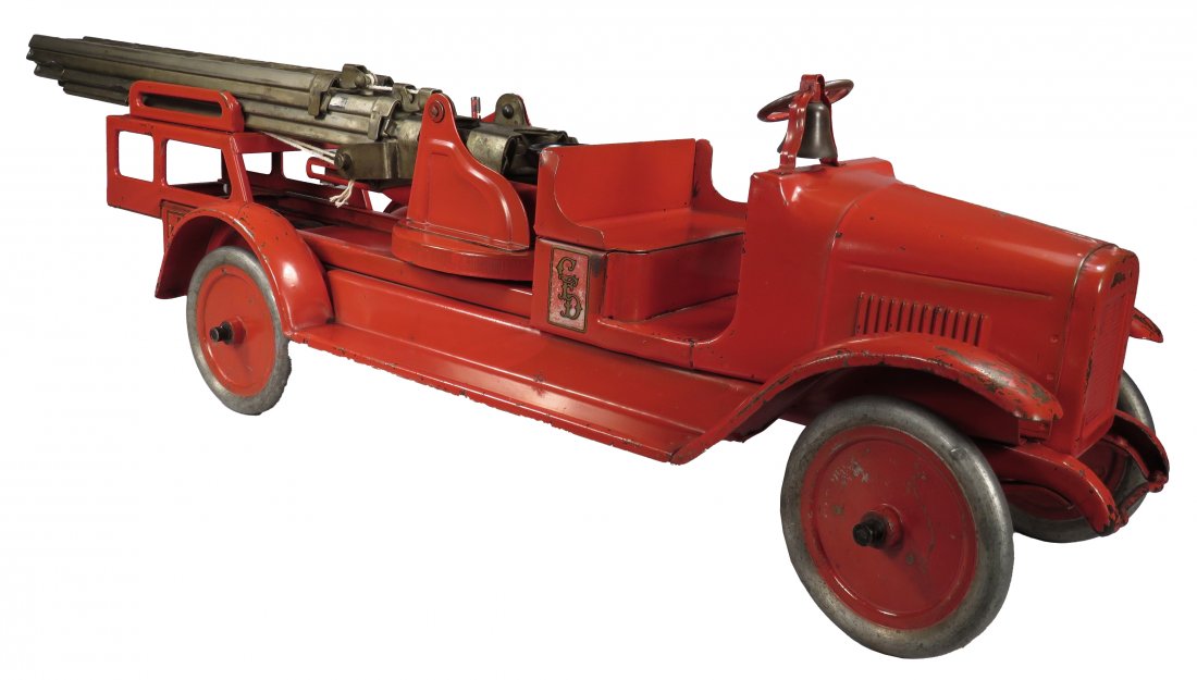 Buddy L Toy Hydraulic Aerial Ladder Fire Truck: Buddy L Pressed Steel, Toy Hydraulic Aerial Ladder Fire Truck, ca. 1927-29. Original condition. Light scratches mostly around edges otherwise very good condition. 30 inches long.