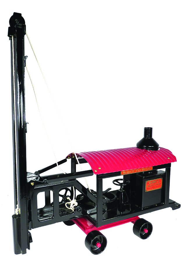 Buddy L Pressed Steel Toy Pile Driver: Buddy L Pressed Steel, Toy Pile Driver. Ca. 1924-27. Model 280. Red and black. Restored near mint condition. 25 X 12 1/2 X 7 1/2 inches.