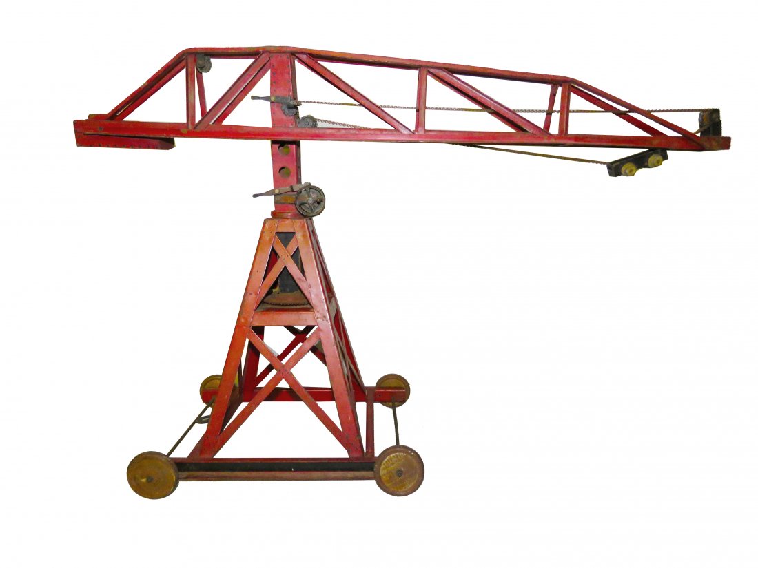 Bing, Pressed Steel Toy Tower Crane with Boom: Bing,Pressed Steel Toy Tower Crane with Boom, ca. 1930. All red. Original condition. 33 X 22 1/2 X 11 inches.