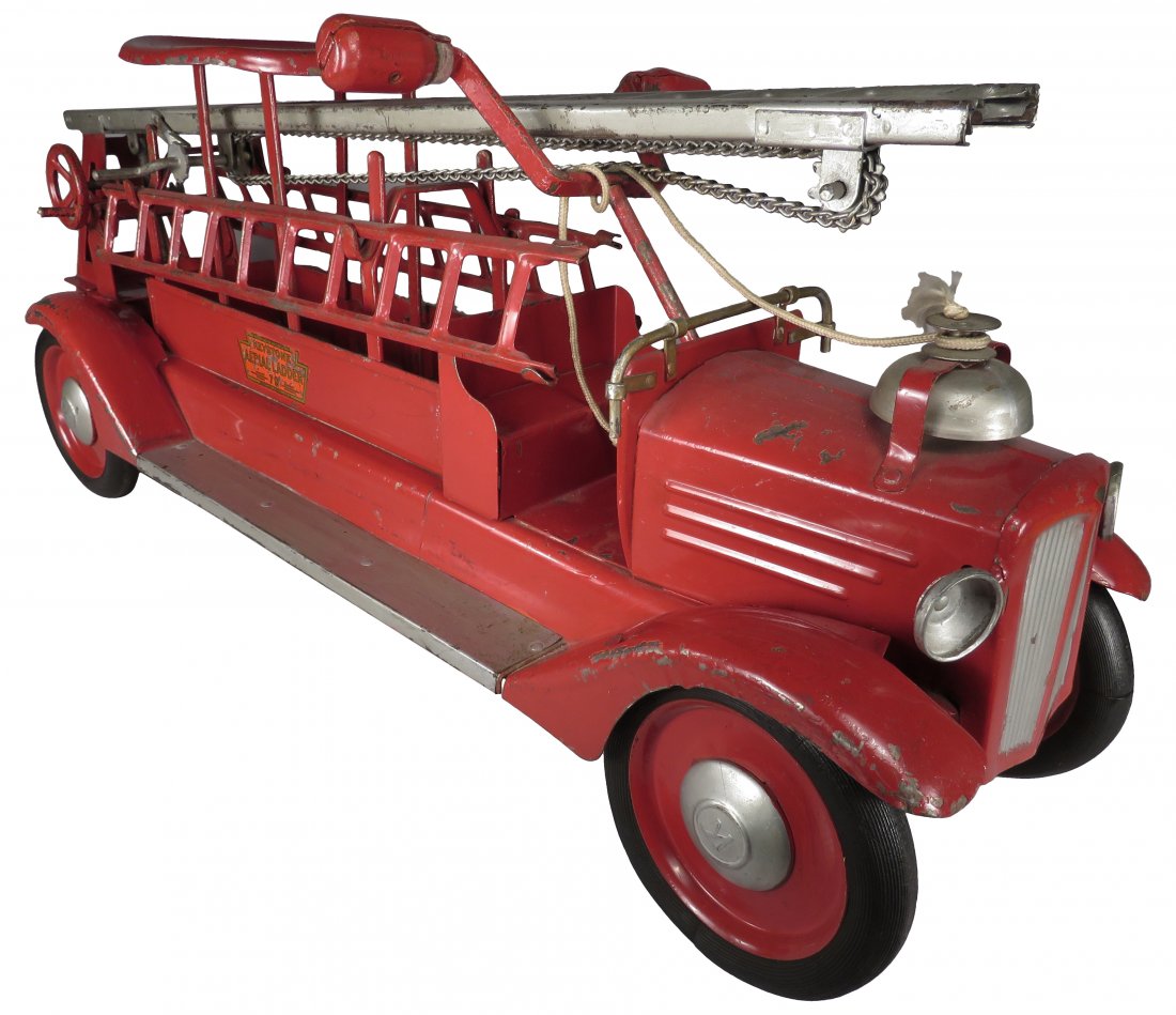 Keystone Pressed Steel Toy Aerial Ladder Fire Truck: Keystone Pressed Steel Ride-On Toy Aerial Ladder #79 Packard Fire Truck, ca. 1920's. Old repaint with original Keystone decals. Good condition. 31 inches long.