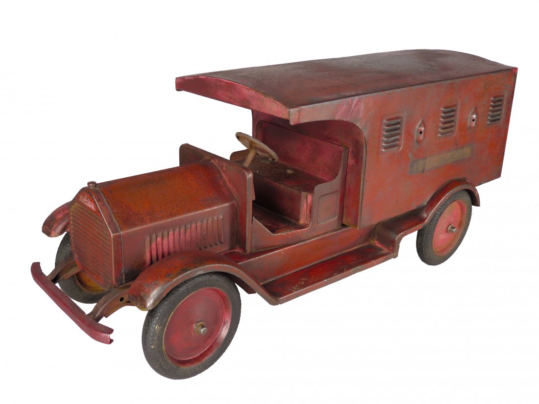 Scarce Sturditoy Pressed Steel Toy Armored Truck: Scarce Sturditoy, Pressed Steel, Toy Armored Truck, ca. 1927. Red. Original condition with beautiful patina. 24 inches long.