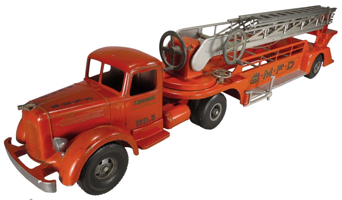 Smith Miller Pressed Steel Toy Hook and Ladder Truck: Smith Miller Pressed Steel, Toy Hook and Ladder #3 Fire Mack Truck, ca. 1950. Original condition. Most scratches on edges, normal playwear.33 1/2 inches long.