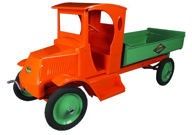 American National Pressed Steel Toy Dump Truck: American National Pressed Steel Toy Mack Dump Truck, ca. 1926. Model 302, orange and green. Restored condition. 27 inches long.