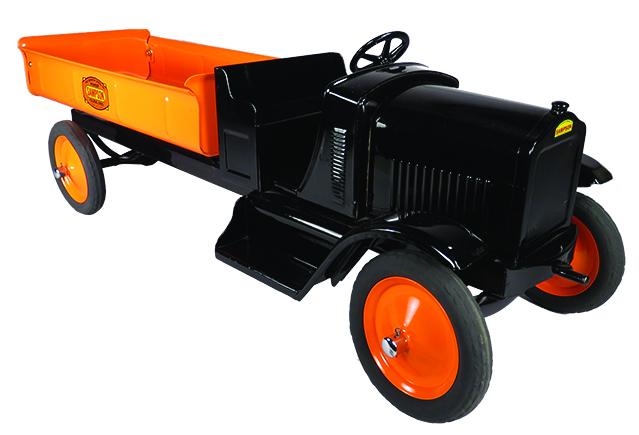 Sampson Pressed Steel Fixed Bed Toy Truck: Sampson Pressed Steel, Fixed Bed Toy Truck with open cab. Model 208. Ca. 1929, orange and black. Restored near mint condition. 26 1/2 inches long.