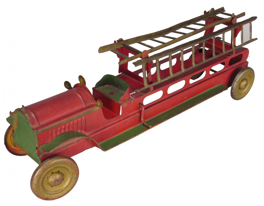 Dayton Tin Toy Ladder Fire Truck: Dayton, Tin Toy, Ladder Fire Truck, ca. 1920's. Purchased from "Buddy L Morgue" sale. Missing one accessory ladder, very good original condition. 18 inches long.