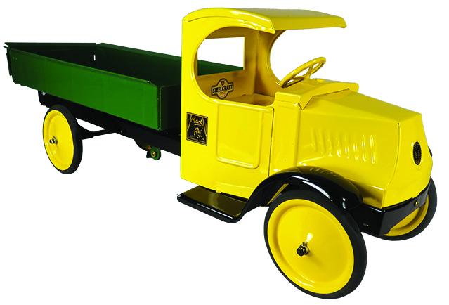 Steelcraft Pressed Steel Toy Mack Dump Truck: Steelcraft Pressed Steel Toy, Mack Dump Truck, ca. 1927. Yellow and green. Restored mint condition. 25 1/2 inches long.