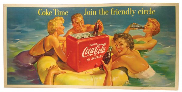 Large Coca Cola Cardboard Advertising Sign: Large Coca Cola Cardboard Sign, 1955. Entitled Coke Time Join the Friendly Circle. Some nail holes around the perimeter and stain at 5:00 otherwise very good condition. 56 1/2 X 271 2/ inches.