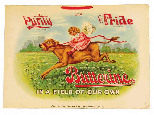 Butterine Celluloid Advertising Sign: Butterine Celluloid Sign. Capitol City Dairy Company, Columbus, OH. Depicts little girl riding a calf. Top right corner slightly dog eared otherwise excellent condition. 14 X 10 inches.