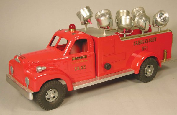 Smith Miller, Toy Truck, New York Fire Dept Engin: Smith-Miller Toy Truck, New York Fire Dept Engine Co. No.1 Search Light Mack Fire Truck. Fred Thompson production "SM3007-0044/150". Excellent condition. 19 inches long.