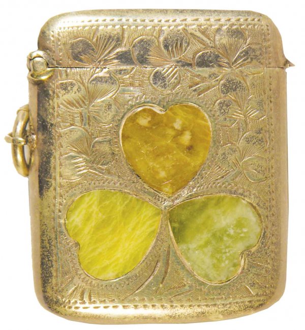 Silver Match Safe with jade three leaf clover inl: Silver Match Safe with jade three leaf clover inlay. Good condition. 1 1/2 X 1 3/4 inches.