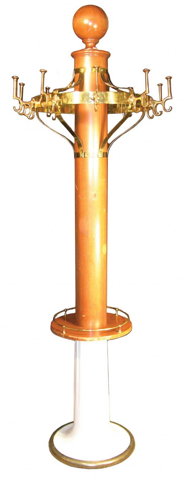 Koken Barber Shop Coat Rack: Barber Shop Coat Rack, Koken Companies Mfgs., St. Louis, USA. Brass, wood and porcelain. Wood chipped around base of wood top otherwise very good condition. 88 inches tall.