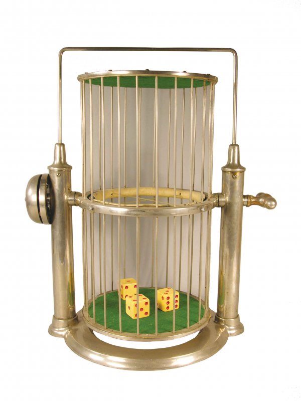 Large Straight Chuck-A-Luck Cage w/bell: Large Straight Chuck-A-Luck Cage w/bell, ca. 1920. Barrel shaped. Cast on bottom mfg. Mason., Kansas City, MO. Nickel plated brass, excellent original condition. 19 1/2 inches tall.