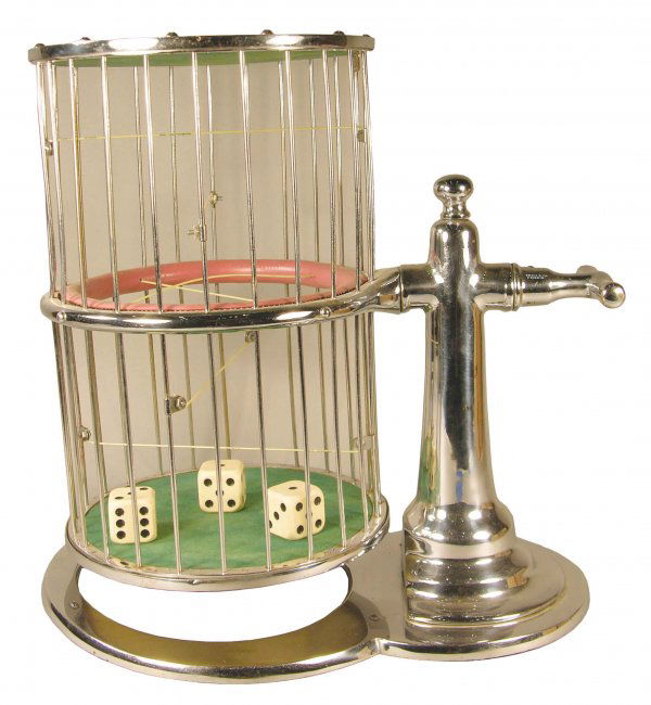 Chuck-A-Luck Cage, ca. 1900: Chuck-A-Luck Cage, ca. 1900. Barrel shaped. Nickel plated brass, excellent condition. 16 inches tall.