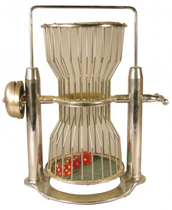 Chuck-A-Luck Cage w/ bell, ca. 1920's: Chuck-A-Luck Cage w/ bell, ca. 1920's. Hour glass shaped. Nickel plated brass, excellent condition. 16 1/2 inches tall.