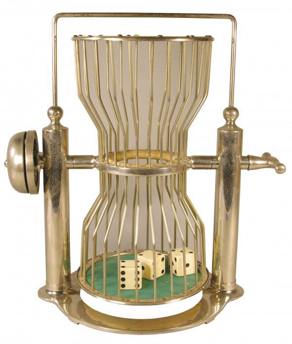 Chuck-A-Luck Cage w/bell, ca. 1920's: Chuck-A-Luck Cage w/bell, ca. 1920's. Hour glass shaped. Nickel plated brass, excellent condition. 15 1/2 inches tall.