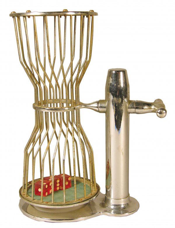 Small Nickel plated Chuck-A-Luck: Small Nickel plated Chuck-A-Luck. This Gambling Game utilizes a Chuck Layout, Cage and 3 dice. Good original condition. 11 1/2 inches tall.
