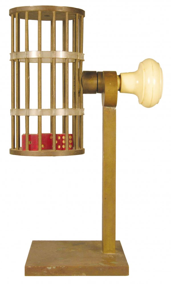 Small Chuck-A-Luck, ca. 1900: Small Chuck-A-Luck, ca. 1900. Solid bronze, lucite rings and bakelite handle. Good condition. Measures 10 inches tall.