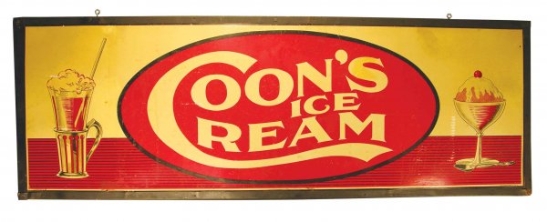 Coon's Ice Cream Cardboard Advertising Sign: Coon's Ice Cream Cardboard Sign, 1918. A few scuffs and scratches otherwise good condition. 60 X 21 inches.