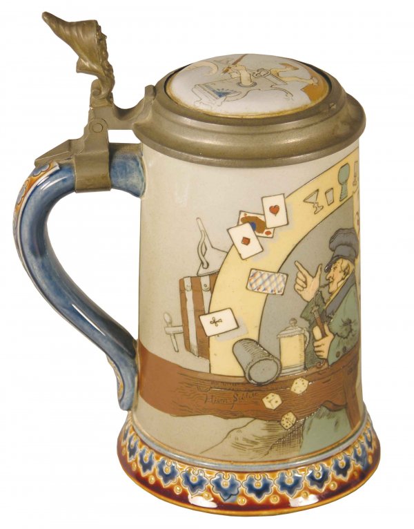 Mettlach 1 Liter Stein with Men & Vices motif: Mettlach 1 Liter Stein with Men & Vices motif . Made in 1901. No chips or cracks, excellent condition.