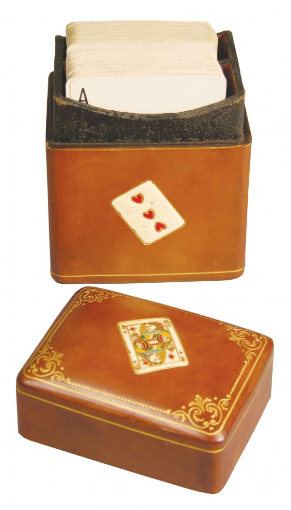 Leather Two Deck Playing Card Holder: Leather Two Deck Playing Card Holder, ca. 1920's. Painted card suit detail. Very good condition. 3 X 4 X 2 1/4 inches.