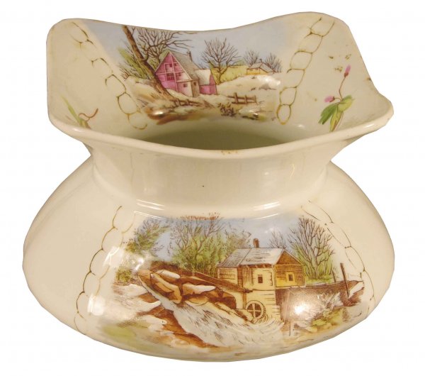 Ladies Spittoon, Old Mill and Barn Motif: Ladies Spittoon, Old Mill and Barn Motif. Porcelain, no chips or cracks. 7 X 4 1/2 inches.
