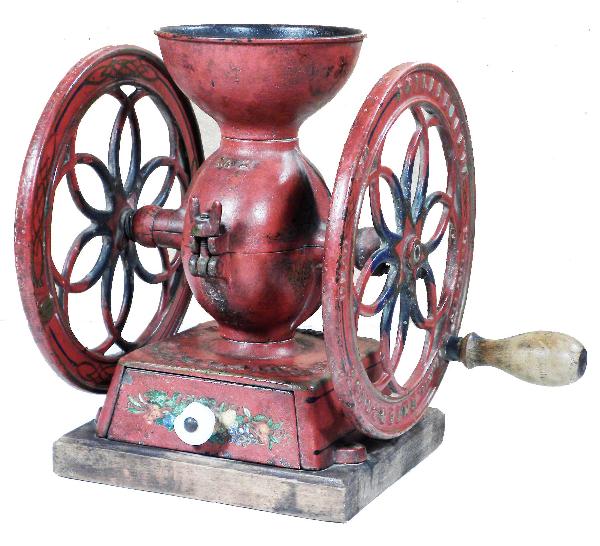 Small Enterprise Mfg Co. Coffee Grinder: Small Enterprise Mfg Co. Coffee Grinder #2. Philadelphia, USA. Patented 1873. Original stenciling. Porcelain knob is broken and no lid otherwise very good original condition. 7 3/4 inch wheel. 9 inche