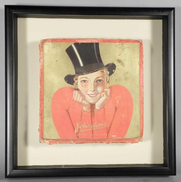 Johnston's Chocolate Box: Johnston's Chocolate Box. Framed in protective shadow box. Considerable wear around edges, staining and scuffs otherwise good condition. 9 1/2 inches square X 1 1/2 inches deep.