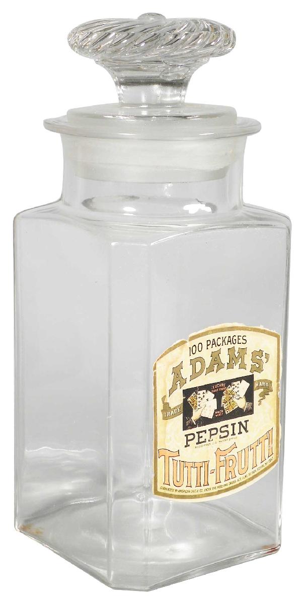 Adam's Pepsin Tutti-Frutti Gum Store Jar: Adam's Pepsin Tutti-Frutti Gum Store Jar with ground glass lid. Desirable original paper label with bridge playing card hands. No chips or cracks. Slight staining and fading to label very good conditi