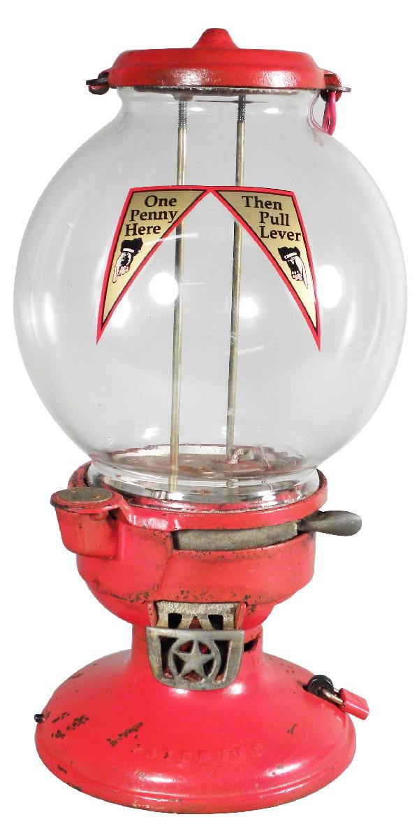 Columbia One Cent Gum Ball Machine: Columbia Coin-operated Cast Iron One Cent Gum Ball Machine. Very good condition, comes with key. 16 1/2 inches tall.