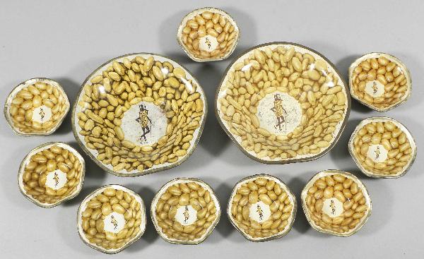 Lot of Eleven Planters Peanut Bowls: Lot of Eleven Planters Peanut Bowls, 2 large and nine small. The two large show wear the small ones are near mint. 6/3 inch diameter.
