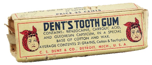 Dent's Tooth Gum Cardboard Box: Dent's Tooth Gum Cardboard Box. C. S. Dent & Co. Detroit, MI, USA. One end torn the other missing and sides creased other good condition. 3 3/4 inches long.