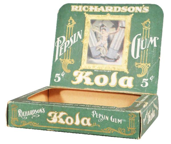 Richardson's Pepsin Gum "Kola" 5 Cents Display: Richardson's Pepsin Gum "Kola" 5 Cents Cardboard Store Display. FDA dated 1906. Embossed lid. Inside excellent, outside shows some discoloration. 6 X 1 1/4 X 4 1/2 inches closed.