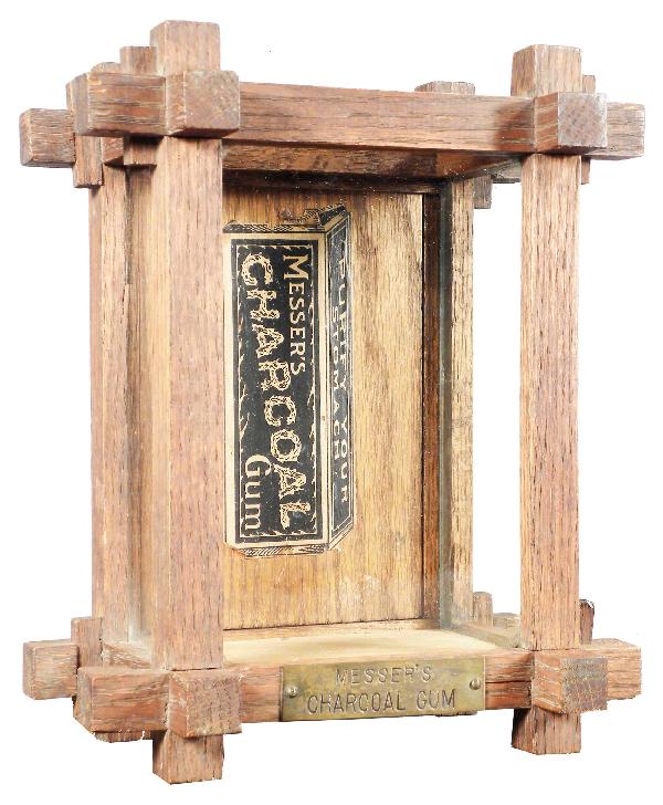 Messer's Charcoal Gum Store Display Case: Messer's Charcoal Gum Store Display Case. Glass and wood with original brass plate, back decal and spring door hinge. Excellent original condition. 8 X 10 X 5 1/2 inches.