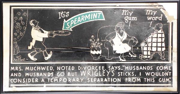 Trolley Car Sign for Wrigley's Spearmint Gum: Trolley Car Sign for Wrigley's Spearmint Gum. Depicting cartoon characters. Framed under glass. Torn and stained, fair condition.