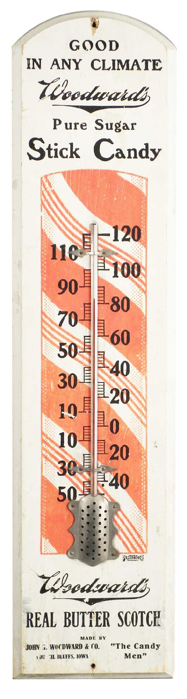 Woodward's Pure Stick Candy Wood Thermometer: Woodward's Pure Sugar Stick Candy Wood Thermometer. "Real Butter Scotch". John G. Woodward & Co. "The Candy Men" Council Bluffs, Iowa. Taylor Permacolor Thermometer. Some minor rubs, slight stains and