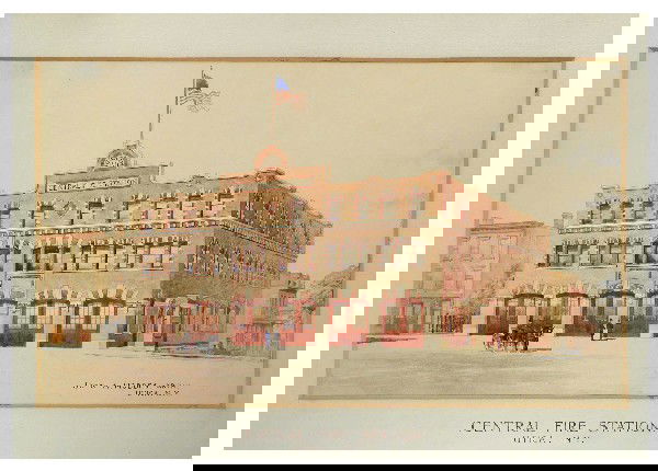 Architects Original Drawing, Central Fire Station: Architects Original Drawing of the Central Fire Station, Utica, NY. John A. Hobbes Archt. Utica, NY. Original frame and mat. Some light discoloration to the mat otherwise very good condition. 41 X 30