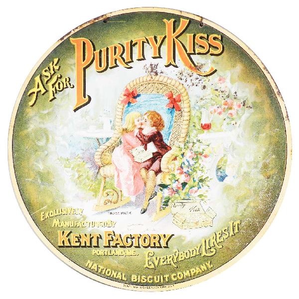 Purity Kiss Die Cut Tin Chain Hanger Sign: Purity Kiss Die Cut Tin Chain Hanger Sign. Entitled, "Everybody Likes It". Exclusively Mfg. by Kent Factory Portland, ME. National Biscuit Company. Sentenne & Green Lithographers NY, USA. Some rust ab