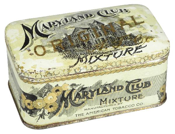 Maryland Club Mixture Tobacco Tin: Maryland Club Mixture Tobacco Tin. The American Tobacco Company. Some light staining to the lid otherwise excellent condition. 4 X 2 X 2 1/2 inches.