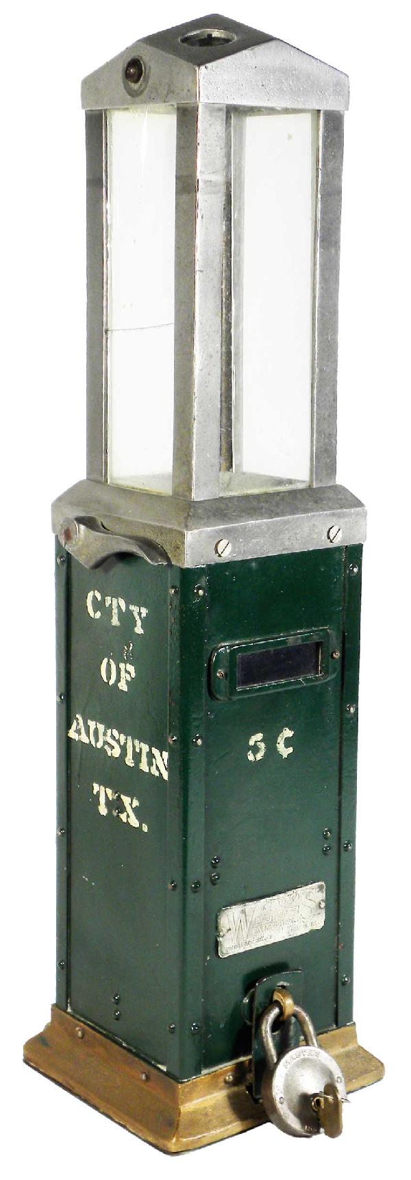 City Bus 5 Cent Token Receiver: City Bus 5 Cent Token Receiver. City of Austin, TX. "Colored to the back of bus". Made by Woods Fare Box Company. Very good original condition, comes with padlock and key. 24 inches tall.