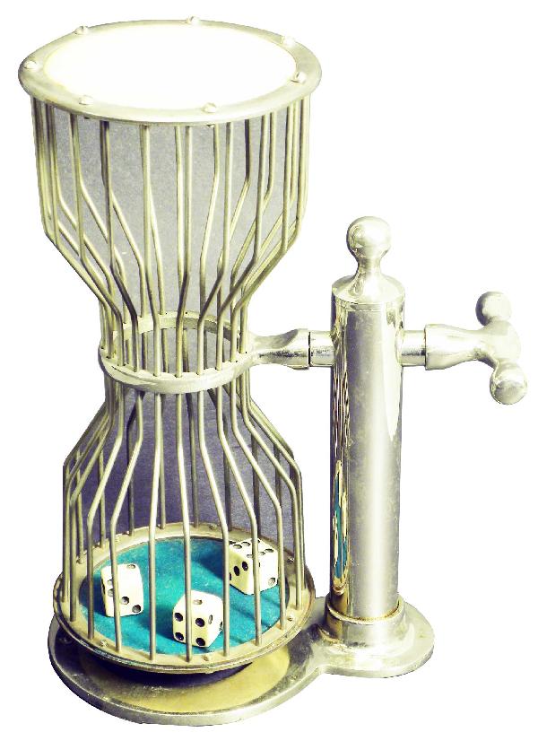 Nickel Plated Chuck-a-Luck: Nickel Plated Chuck-a-Luck with original dice. Good original condition. 11 inches tall.