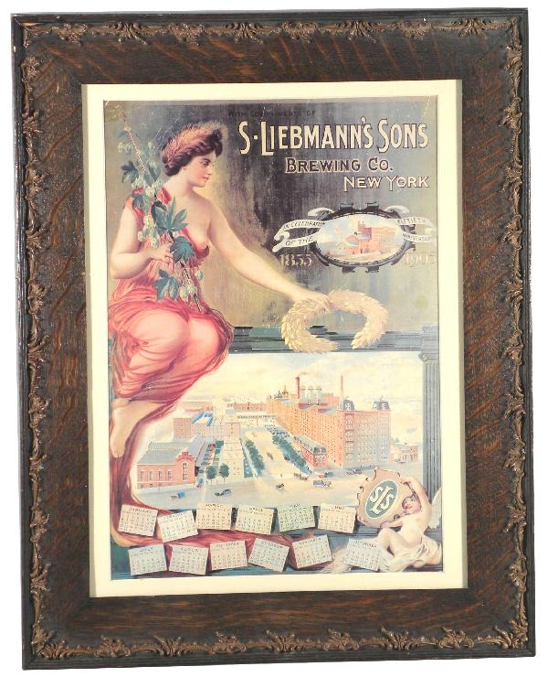 1905 Calendar, S. Liebmann's Son's Brewing Co: 1905 Calendar for S. Liebmann's Son's Brewing Co. 50th Anniversary depicting factory scene. Framed in period oak. A few wrinkles otherwise good condition. 10 1/2 X 15 inches.